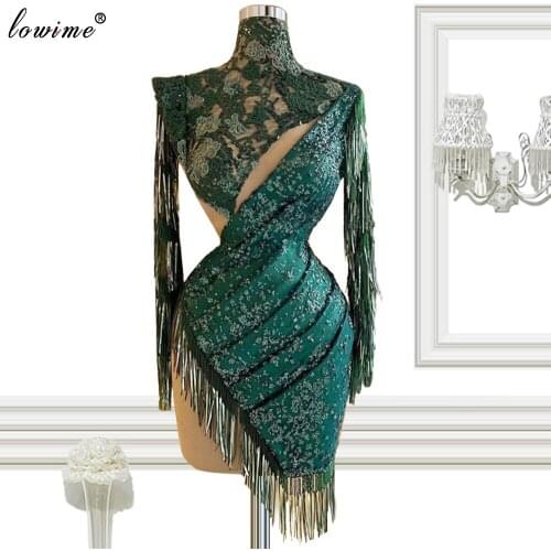 Dark Green Mermaid Prom Dresses Long Sleeves Beads Cocktail Party Dresses Lace Short Pageant Dresses With Tassels Abiti Da Sera