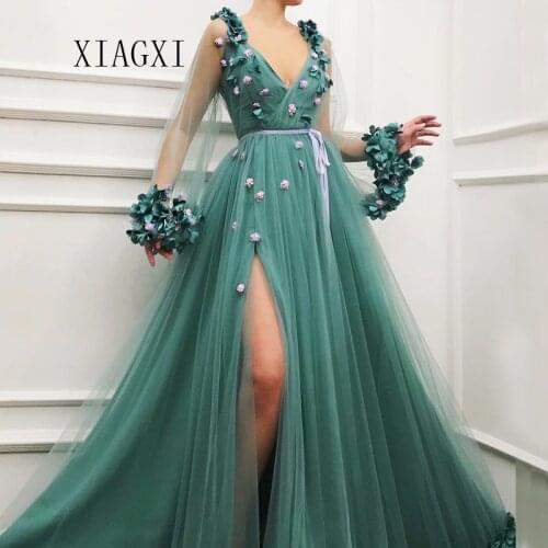 XIANGXI Dark Green Evening Dress Long Deep V-Neck Full Sleeves Split Evening Dresses Prom Dress Party Gowns Robe De Soiree