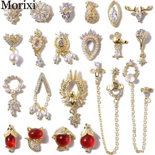 1PC nail art rhinestones gold plated nail beads with crystal diamond gems pearl cute Mouse designed beautiful nail jewelry MZ258