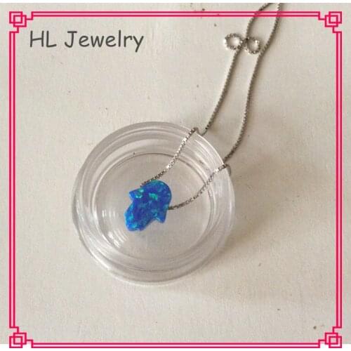 30PCS/Lot Synthetic Opal Hamsa Hand Platium Plated Silver Necklace 8*10MM Pacifice Blue Hamsa hand Opal Necklace