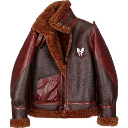 Free Shipping Winter Sheepskin Mens Super-Thick Sheepskin Flight Suit Air force Turkey Shearling Leather Coat