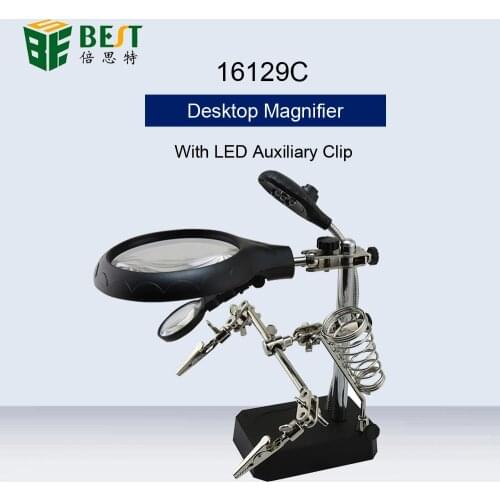 BST-16129C 3 In 1 5X LED Magnifying Glass Desk Lamp With Auxiliary Clip Desktop Magnifier Loupe For Reading/Rework/Soldering