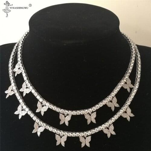 Fashion Iced Out Seven Butterflys Choker Pendant Men Necklace Silver Color With 4mm Tennis Chain Hip Hop Jewelry For Women