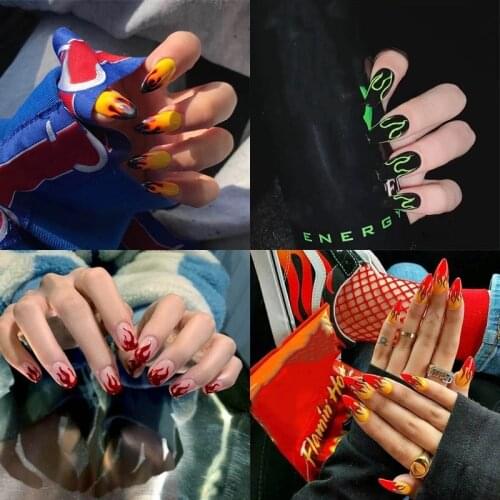24pcs 4 Fire Patterns Design Cool Girls Hand Decorative False Nails with Glue Full Cover Detachable False Nails Nail Art Tools