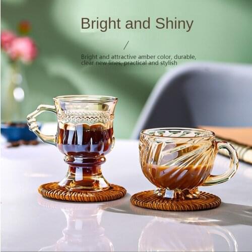 French Coffee Cup Milk Tea Cup Cold Drink Cup Red Wine Cup Amber Glass Retro with Handle Hand-held Small Water Cup Kitchen Bar