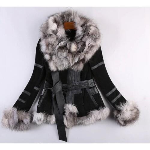 Gl0006 Genuine Leather Jacket for Women Winter Real Fox Fur Coat with Belt Zipper Motorcycle suede leather coat