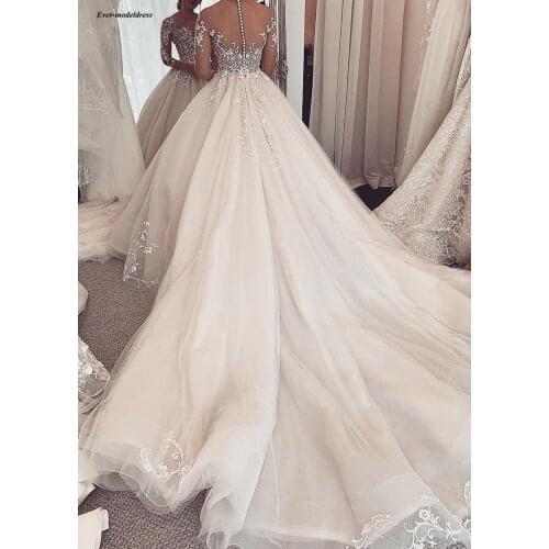 Illusion Long Sleeves Wedding Dresses-2021 Zipper Back Appliques Pearls Chapel Train Vestido De Novia Bridal