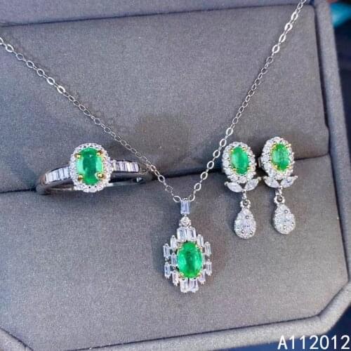 KJJEAXCMY fine jewelry natural Emerald 925 sterling silver noble girl pendant necklace chain earrings ring set support test