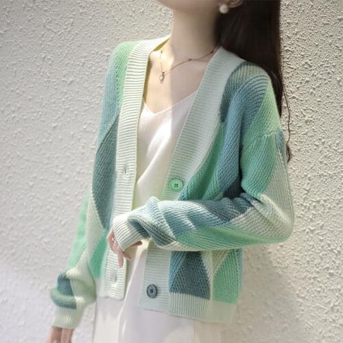 Knitted Cardigan Womens Spring Sweater 2021 New Womens Relaxed Fashion Color Matching Long Sleeve Short Top