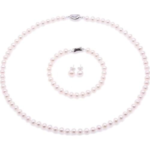 6mm white real pearl Women Jewelry set necklace bracelet stud earrings 925 silver clasp AAA Cultured freshwater pearl