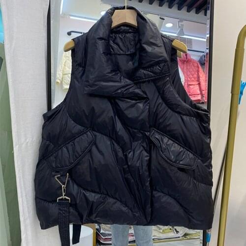 Trendy New Autumn Winter Women Loose Stand Collar Zipper Warm Thick Coat White Duck Down Sleeveless Jacket Vest Outwear