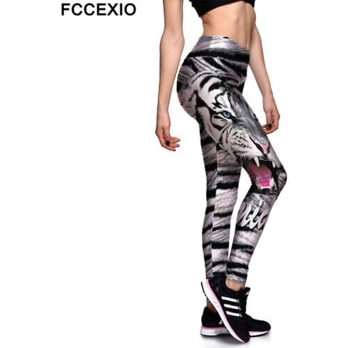 FCCEXIO White Tiger 3D Animal Print Sexy High Waist Elasticity Leggings Push Up Strength Pants Summer Fitness Women Trousers