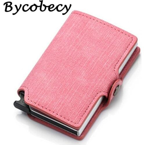 Bycobecy Fashion Pink Wallet Card Wallet Men Leather Mini Slim Wallet Money Bag Metal RFID Women Thin Small Smart Dropshipping