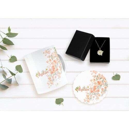 Personalized Daisy Themed Mug Coaster and Double Is Daisy Necklace Seti-2