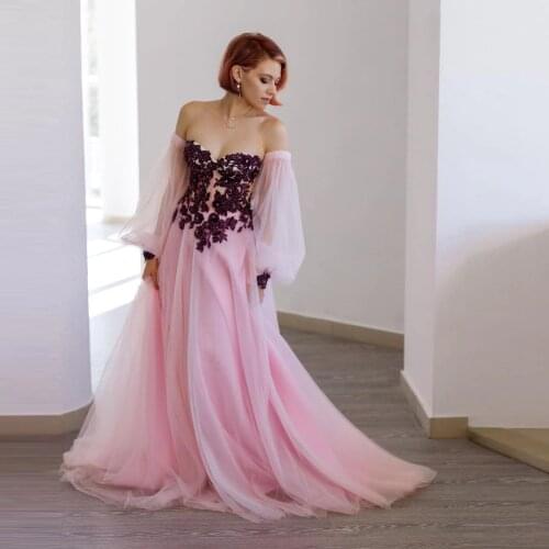 Pink Sexy Fashion Summer Dress Women Strapless A-Line Floor Length Dresses Applique Puff Sleeve Party Dress Plus Size