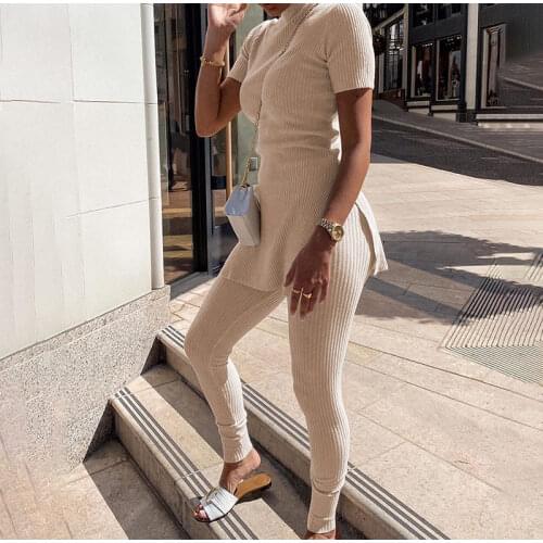 Knitted Ribbed Womens T-shirts Set 2 Piece Set Short Sleeve T-shirt Female Suit 2021 Autumn Streetwear Ladies Long Pants Suits