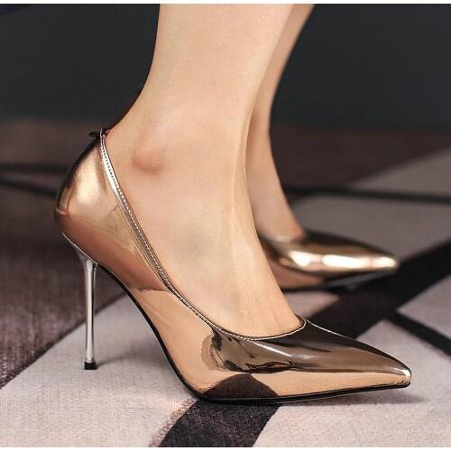 LAIGZEM Wome Pumps Metallic Shinny Gold Silver Slip On Sandalsl Stiletto Heels Party Dress Shoes Woman Plus Size 33 41 44 46