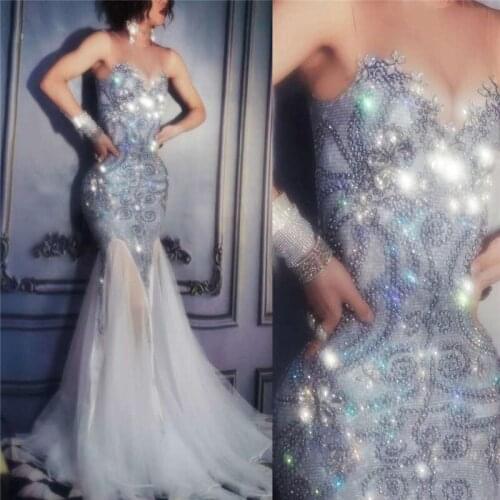 X25 Singer stage performance Trailing dress models Rhinestone evening skirt diamonds printing outfits grey Mesh hip dress clothe