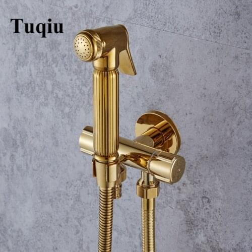Vidric Bidet Faucet Set Wall Mounted Brass Bidet Faucet Toilet Sprayer Tap Gold Bathroom Mop Cleaning Faucet ,Hose+Holder+Spraye