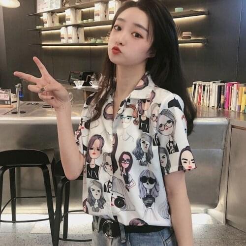 Women Shirt Cartoon Beauties Print Blouse Korean Style Turn-down Collar Short Sleeve Tops Button Loose Blouses