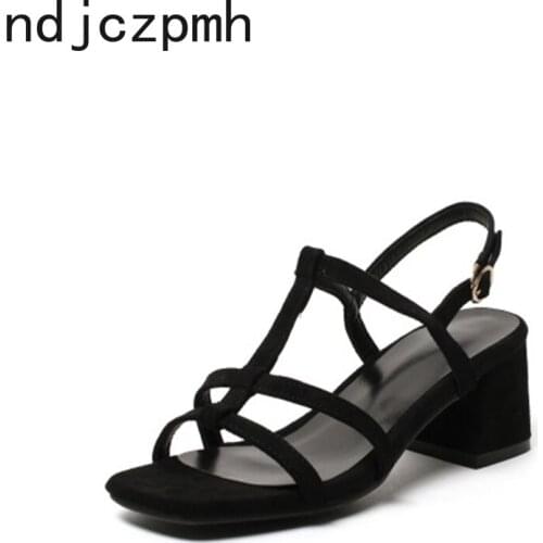 Womens Sandals Summer The New Sexy Fashion Open Toe Buckle Comfortable Fang He Mid Heel Womens Shoes Plus Size 30-44 Black