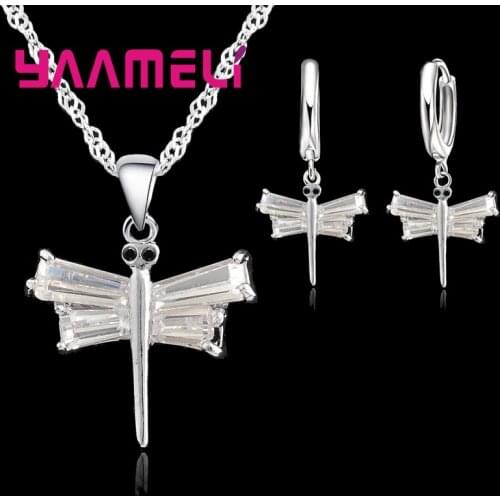 925 Sterling Silver Exquisite Dragonfly Pendant Earrings+Necklace Crystal Jewelry Set For Women Ladies Good Cubic Zircon