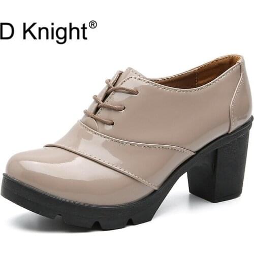 2020 Vintage Lace Up/Buckle Strap Women Pumps Cut Out Oxford Shoes Chunky Heel PU/Patent Leather High Heels Ladies Pumps Shoes