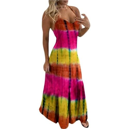 2021 Summer Ladies Long Beach Dress Tie-Dye Printed Slim and Thin Base Skirt Slim and Thin Positioning Flower Sling Dress New