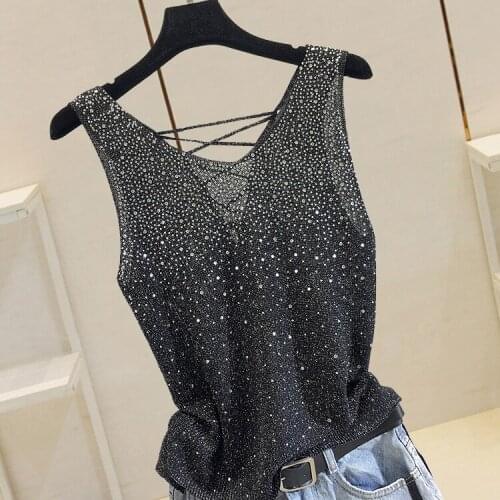 2020 Summer Top Womennew Heavy Industry Hot Drilling Bright Ribbon Vest Female Irregular Sexy Backless Shirt Tanks Girls