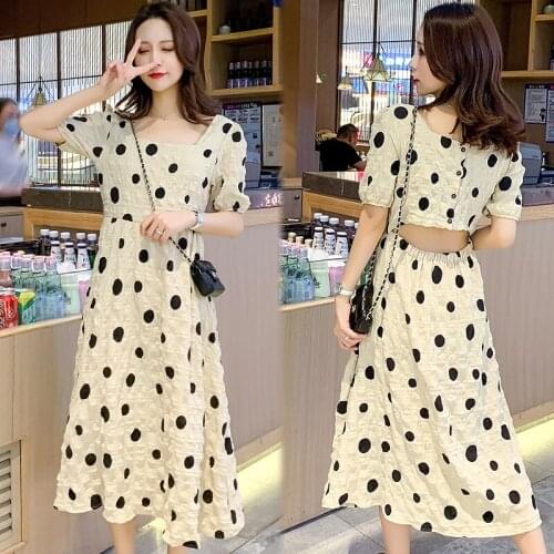 72579# Maternity Dress Summer Cotton Short Sleeves Loose Polka Dot Dress Pregnant Women Mom Dress