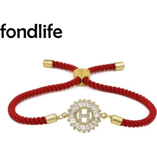 AAA White Cubic Zirconia Crystal Alphabet Letter Charm Bracelet Women Men Brass CZ Goldplated Red Cord Adjustable Jewelry Gift