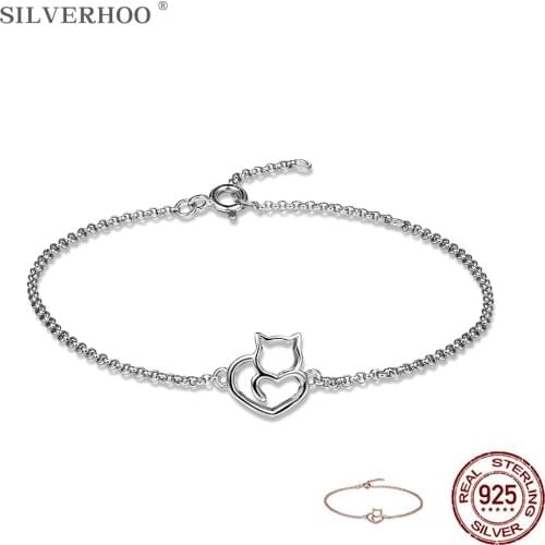 SILVERHOO Genuine 925 Sterling Silver Cat And Heart Link Chain Bracelets & Bangles for Women Silver 925 Jewelry Anniversary Gift
