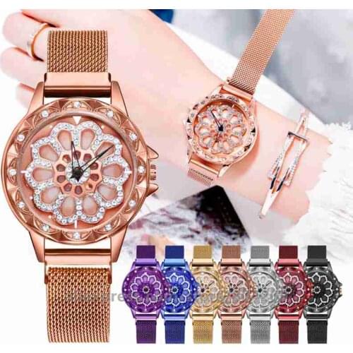 Hot Luxury Big Flower 360 Degree Rotation Watch For Women Watches Starry Sky Magnet Fashion Casual Female Wristwatch