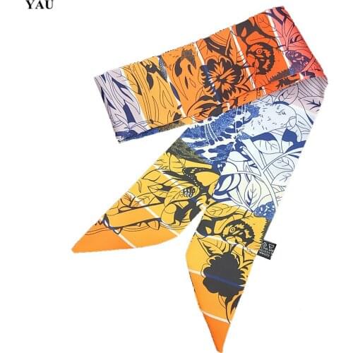 Hot Selling 88cm*5cm Flower Printed Small Scarf Women Twill Silk Scarf Headband Long Scarves Bag Accessories Ribbon