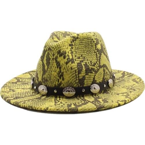 Fedoras snake pattern unisex fedora hat men panama top cap fedoras with leather chains large brim hat church hat party hat