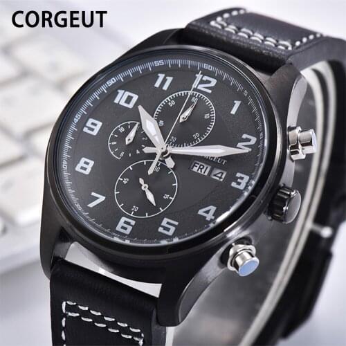 CORGEUT Best Selling Men Quartz Wristwatches Luxury Brand Fashion Watch Men Waterproof Leather Watch Male Clock Мужские часы