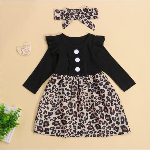 Toddler Girls Autumn Dress Long Sleeve Leopard Pattern Flower Printing Dresses with Headband Childrens Clothing