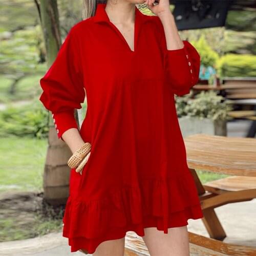Autumn Dress VONDA 2021 Casual Solid Pleated Ruffled Hem Mini Dresses Loose Lapel Collar Lantern Sleeve Bohemian Vestidos