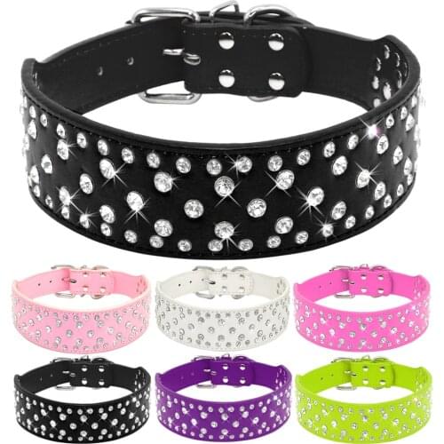 Rhinestone Leather Dog Collars For Large Dogs Sparkly Crystal Diamonds Studded Pet Collars For Medium to Big Dogs Pitbull Pink