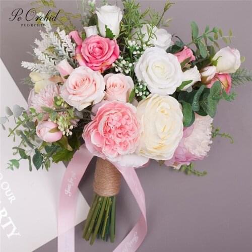 PEORCHID 2019 Pink Bride Bouquet For Wedding Rose Simulation Bridal Hand Holding Flower For Bridesmaid Bouquet Brides DIY Decor