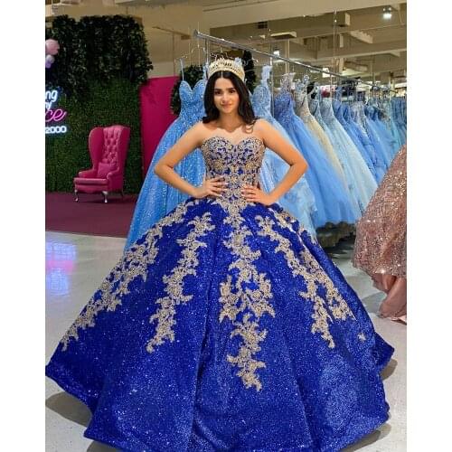 Sparkle Sequined Royal Blue Quinceanera Dresses Lace Applqiue Sweet 16 Prom Gowns vestidos de 15 años xv dress With Corset