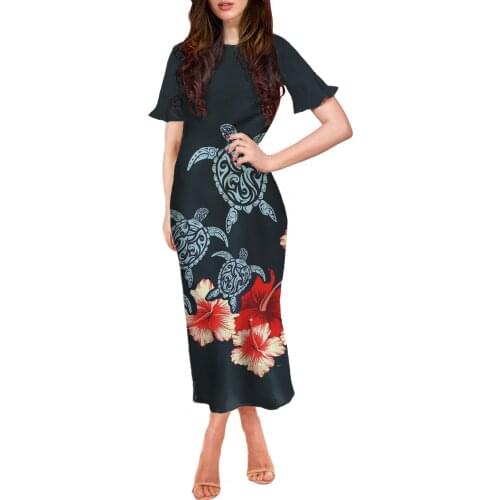 HYCOOL Tonga Floral Print Short Sleeve Women Dress Hawaii Party Long Dresses Elegant Polynesian Sweet Summer Club Sexy Dress