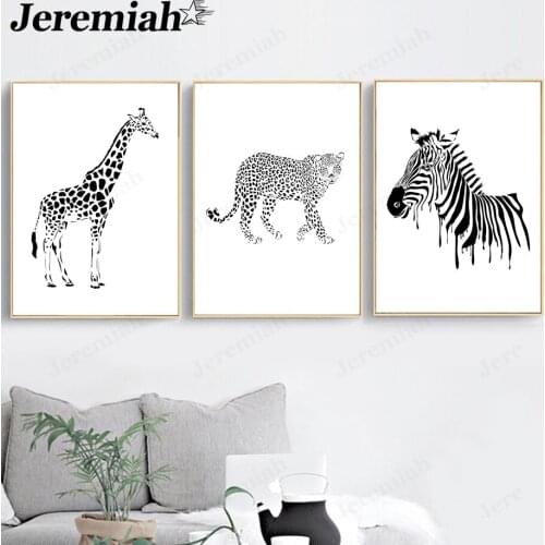 Simple Animal Black and White Canvas Painting Zebra Giraffe Leopard Poster Wall Art Nordic Home Landscape Decoration Accessories