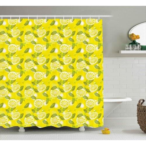 Spring Shower Curtain Fresh Lemon Slices with Leaves Background Soft Fruit Summer Tasteful Bath Curtains For Bathroom Bathtub