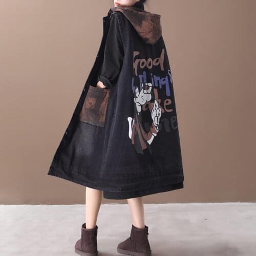 Vintage Aesthetic Clothes Winter New Korean Loose Large Size Hooded Cartoon Print Denim Quilted Jacket Casual Waistcoat f2351