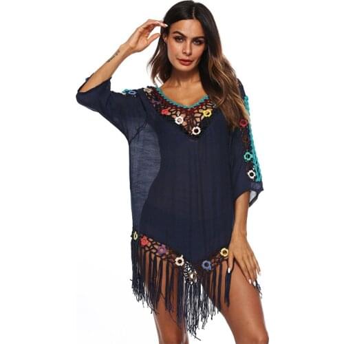 Crochet Dress Pareo Womens Beach Cover-Up Swimsuit Beach Dresses and Tunic Hollow Out Beach Dress Swimwear Tassel Cover Up New