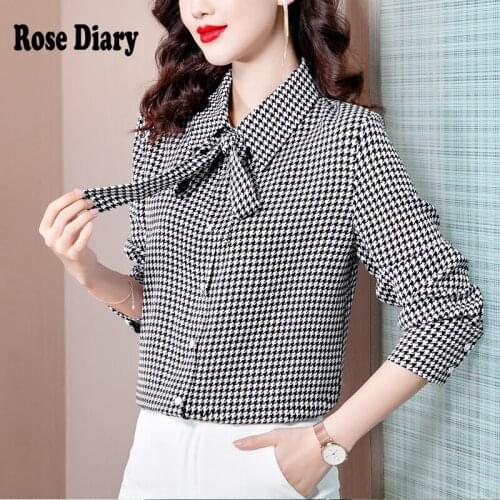 Autumn spring Houndstooth woman blouse Bow Lantern long sleeve ruffles ladies office work shirt female elegant tops blusas ZA