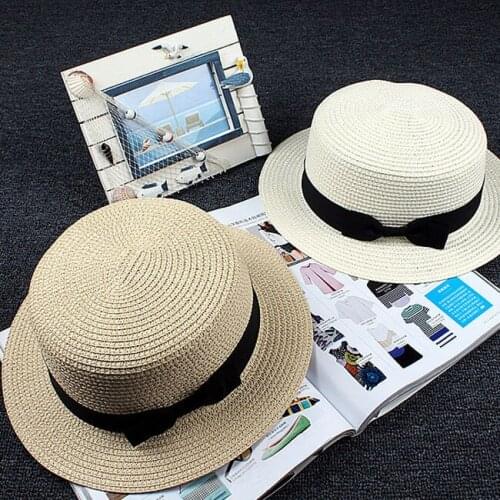 Cllikko sun hats Lady Boater Ribbon Round Flat Top Straw Fedora caps Panama Hat summer hats for women straw hat 11 colors