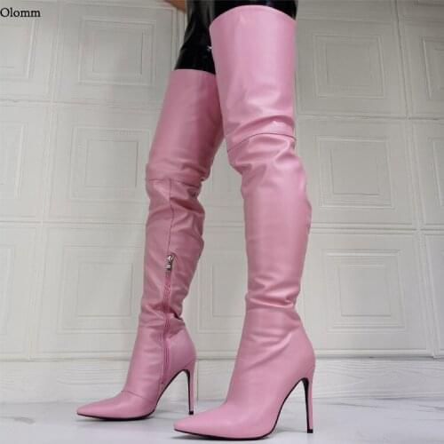 Olomm 2021 Handmade Women Thigh High Boots Stiletto High Heels Pointed Toe Gorgeous Pink Dress Shoes Women Plus US Size 6-15