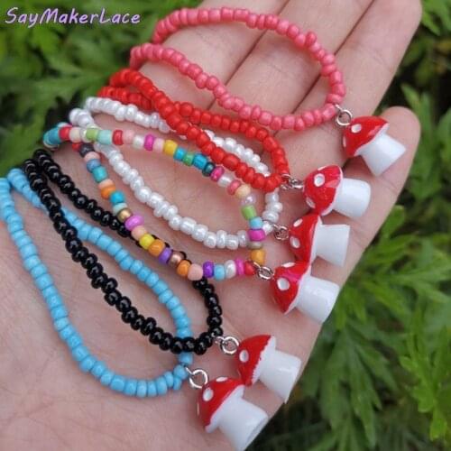 Women Handmade Beaded Chain Mushroom Pendant Necklace Stylish Lost Lady Short Choker Necklace Wholesale Jewelry Free Shipping